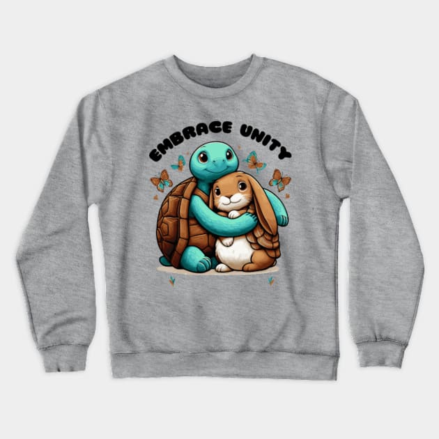 Unity Embraced: Tortoise & Hare Satirical Graphic Crewneck Sweatshirt by VEKULI